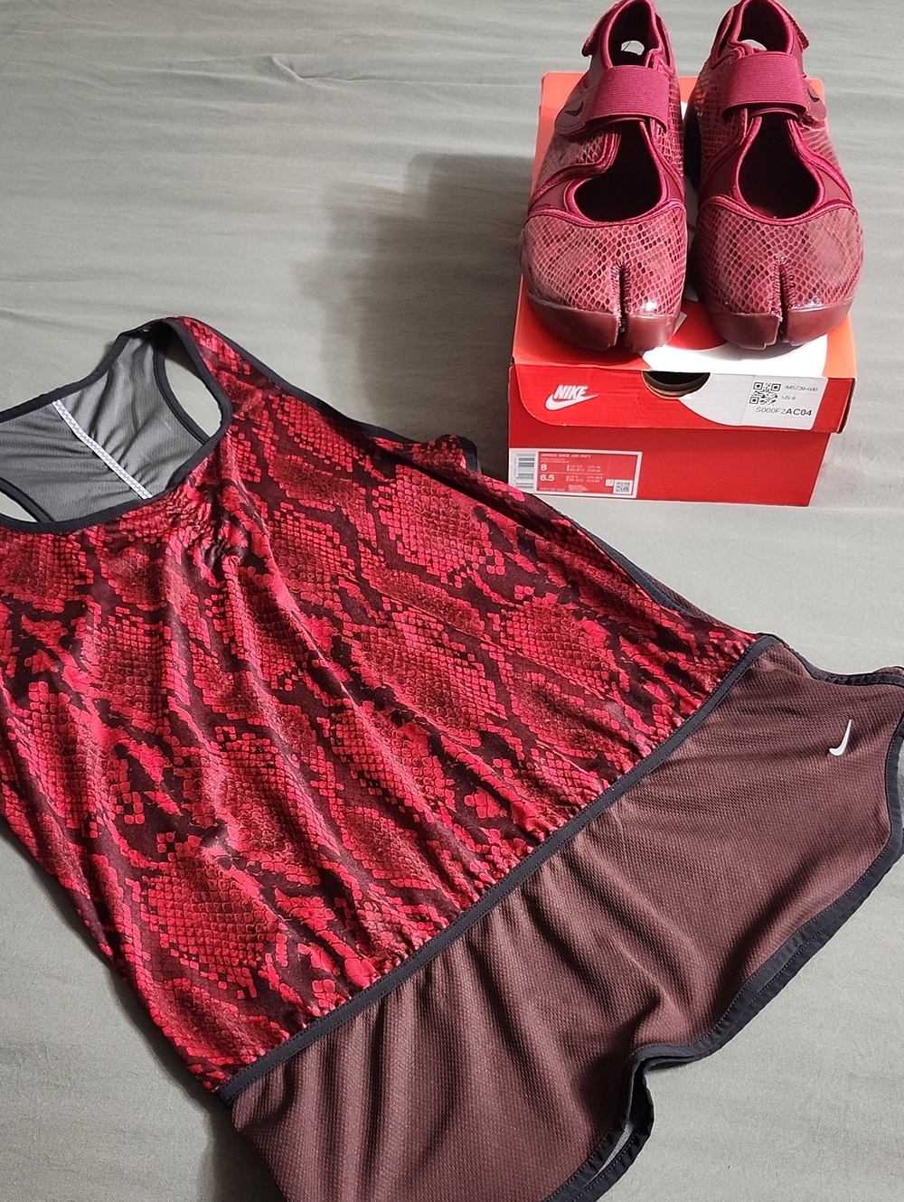 Nike Women's Burgundy Red Slip-On Athletic Shoes with Red Snake-Print Tank Top